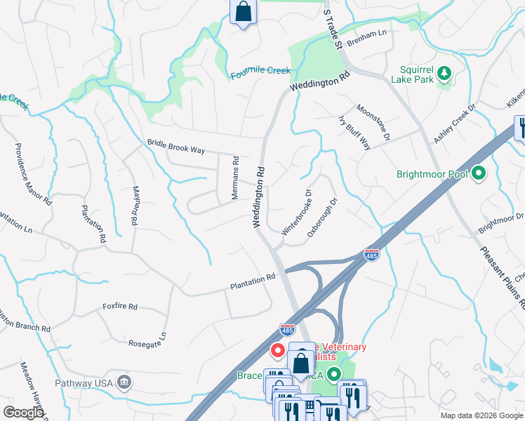 map of restaurants, bars, coffee shops, grocery stores, and more near 6941 Augustine Way in Charlotte