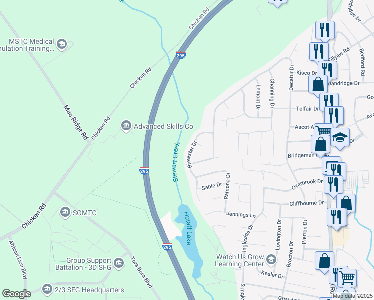 map of restaurants, bars, coffee shops, grocery stores, and more near 259 Brewster Drive in Fayetteville