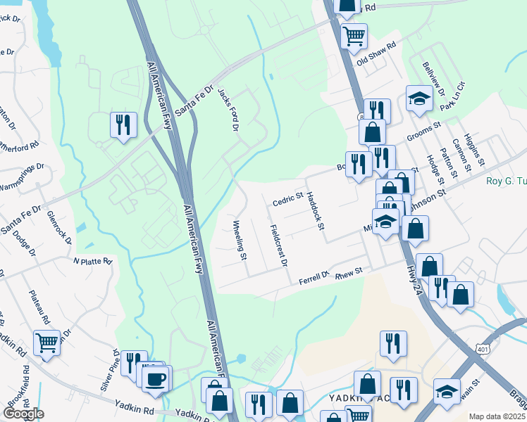 map of restaurants, bars, coffee shops, grocery stores, and more near 4967 Fieldcrest Drive in Fayetteville