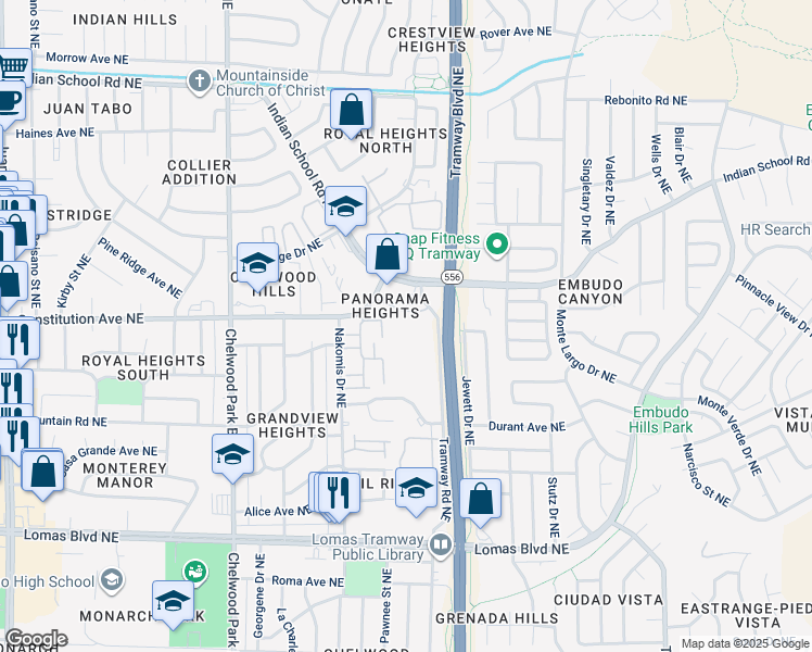 map of restaurants, bars, coffee shops, grocery stores, and more near in Albuquerque