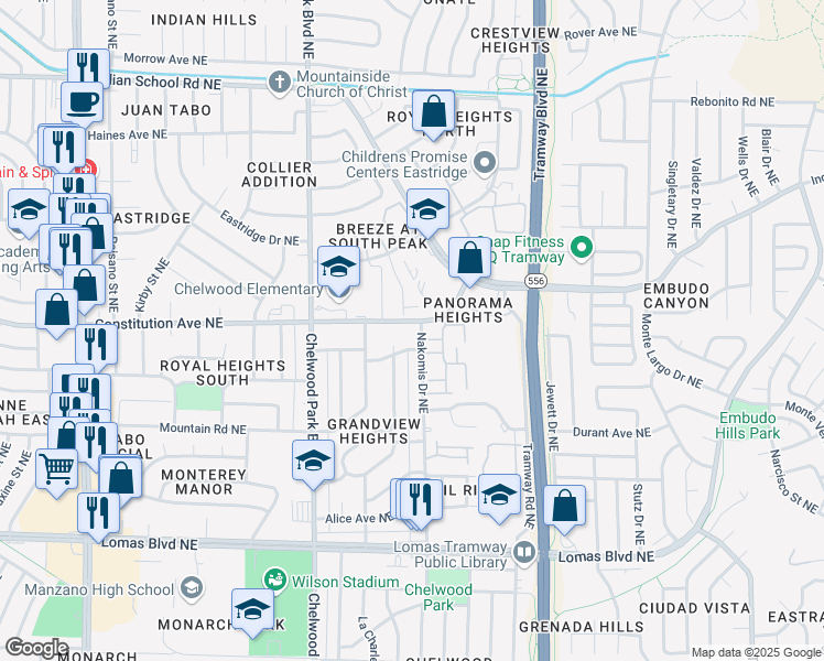 map of restaurants, bars, coffee shops, grocery stores, and more near 1405 Vinca Trail Northeast in Albuquerque