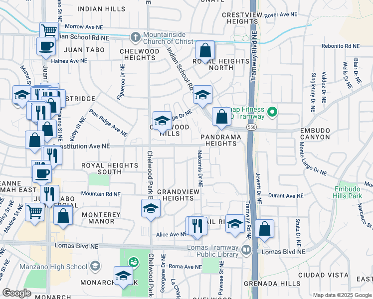 map of restaurants, bars, coffee shops, grocery stores, and more near 1405 Vinca Trail Northeast in Albuquerque