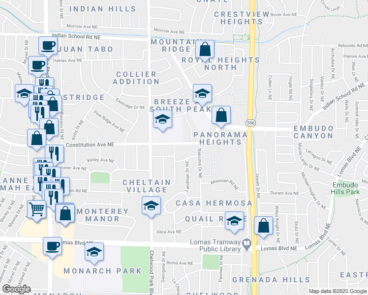 map of restaurants, bars, coffee shops, grocery stores, and more near 1405 Vinca Trail Northeast in Albuquerque