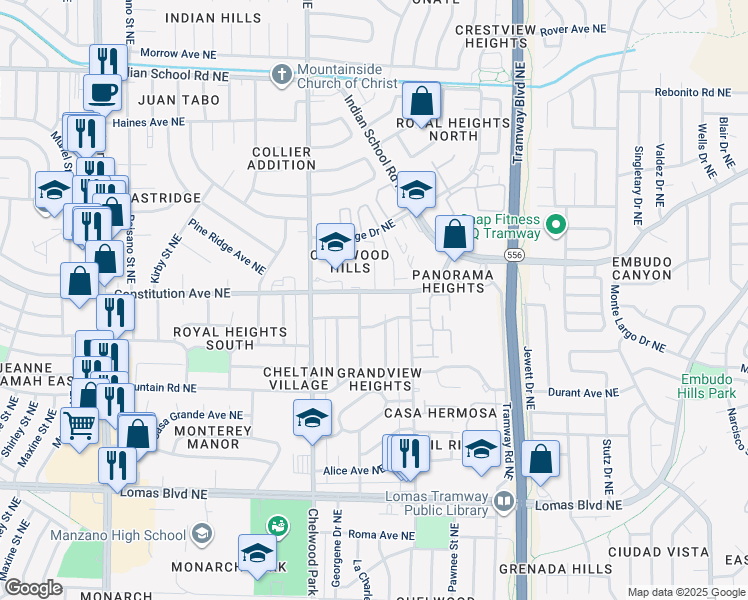 map of restaurants, bars, coffee shops, grocery stores, and more near 1405 Vinca Trail Northeast in Albuquerque