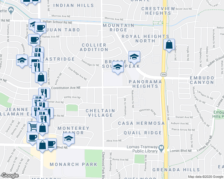 map of restaurants, bars, coffee shops, grocery stores, and more near 12701 Constitution Avenue Northeast in Albuquerque