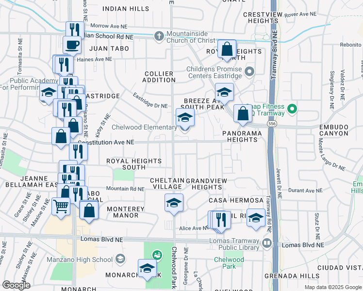 map of restaurants, bars, coffee shops, grocery stores, and more near in Albuquerque