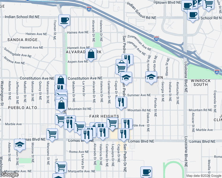 map of restaurants, bars, coffee shops, grocery stores, and more near 1704 Cardenas Drive Northeast in Albuquerque