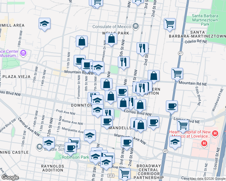 map of restaurants, bars, coffee shops, grocery stores, and more near 512 Granite Avenue Northwest in Albuquerque
