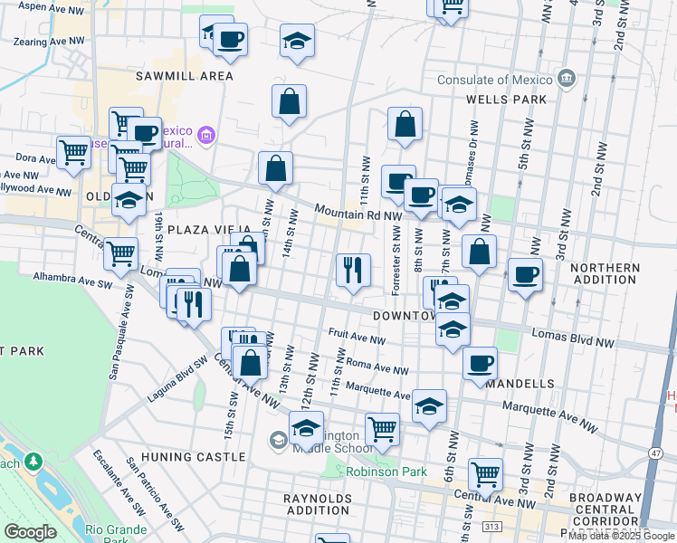 map of restaurants, bars, coffee shops, grocery stores, and more near 724 12th Street Northwest in Albuquerque