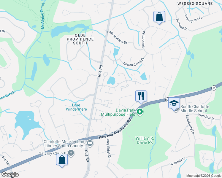 map of restaurants, bars, coffee shops, grocery stores, and more near 5160 Carson's Pond Road in Charlotte