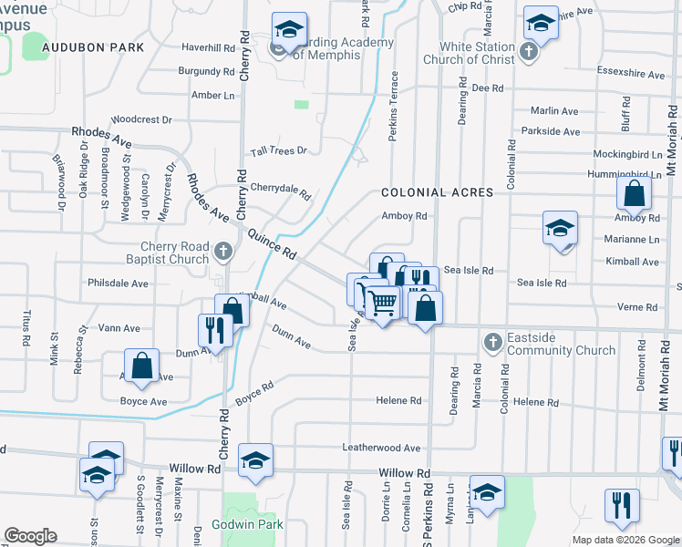 map of restaurants, bars, coffee shops, grocery stores, and more near 4521 Verne Road in Memphis