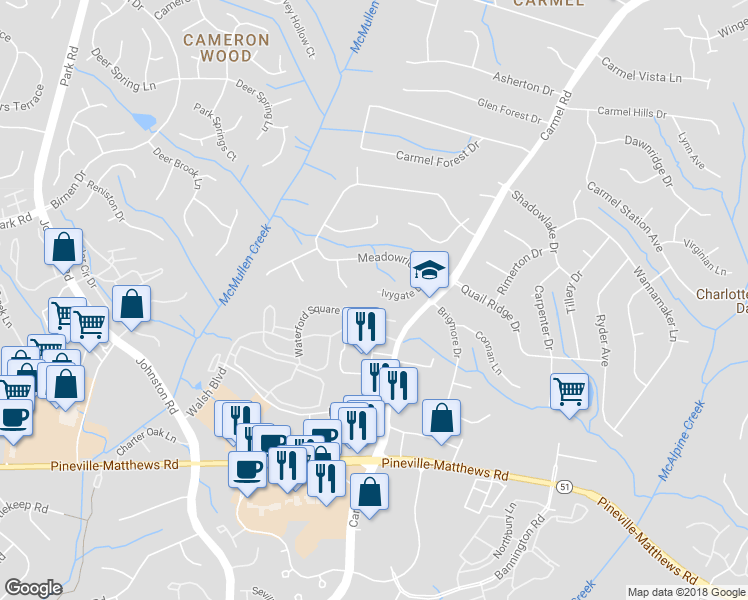 map of restaurants, bars, coffee shops, grocery stores, and more near 5604 Ivygate Lane in Charlotte