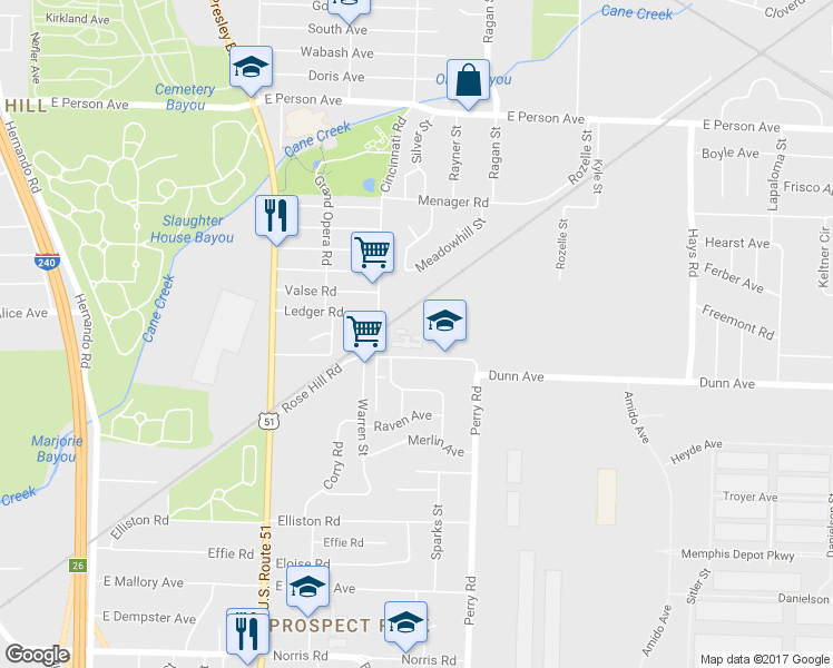 map of restaurants, bars, coffee shops, grocery stores, and more near 1500 Dunn Rd in Memphis
