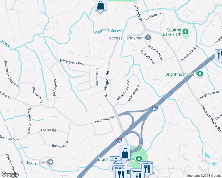 map of restaurants, bars, coffee shops, grocery stores, and more near Cross Point Road in Matthews