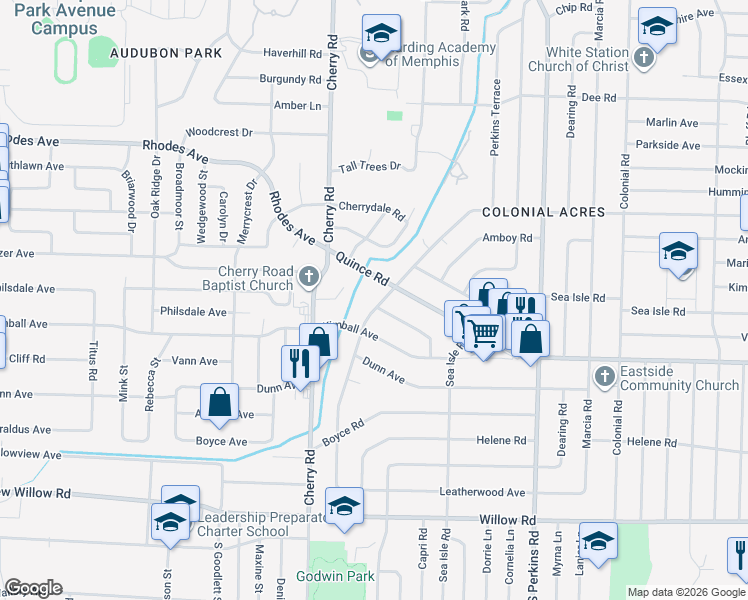 map of restaurants, bars, coffee shops, grocery stores, and more near 4433 Quince Road in Memphis