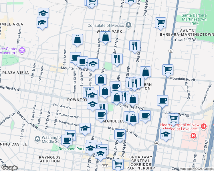 map of restaurants, bars, coffee shops, grocery stores, and more near 512 Granite Avenue Northwest in Albuquerque