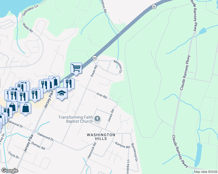 map of restaurants, bars, coffee shops, grocery stores, and more near 5036 Mimosa Circle in Chattanooga
