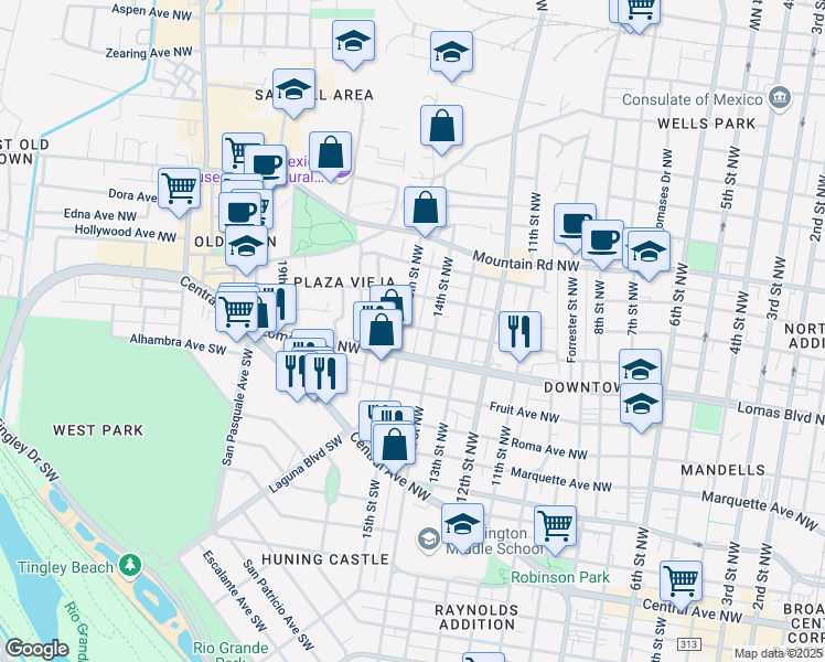 map of restaurants, bars, coffee shops, grocery stores, and more near 605 14th Street Northwest in Albuquerque
