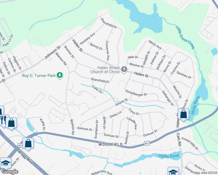 map of restaurants, bars, coffee shops, grocery stores, and more near 1312 Stansfield Drive in Fayetteville