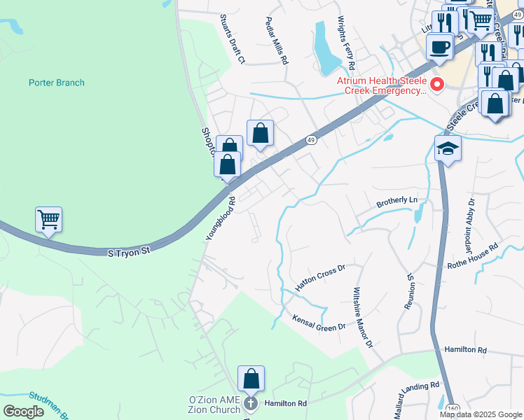 map of restaurants, bars, coffee shops, grocery stores, and more near 14217 Youngblood Road in Charlotte