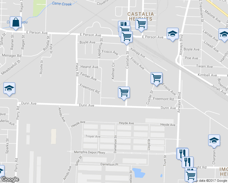 map of restaurants, bars, coffee shops, grocery stores, and more near 1909 Castalia Street in Memphis