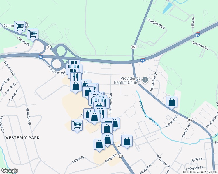 map of restaurants, bars, coffee shops, grocery stores, and more near 304 Mimosa Drive in Gaffney