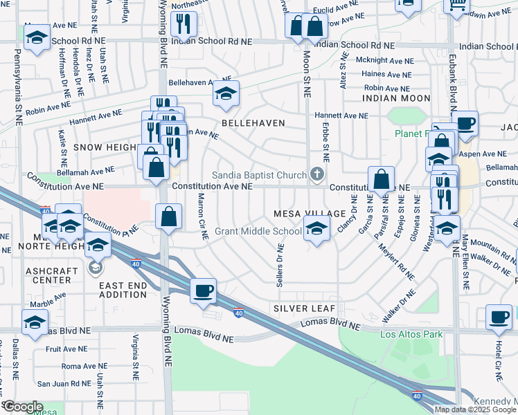 map of restaurants, bars, coffee shops, grocery stores, and more near 1308 Field Drive Northeast in Albuquerque