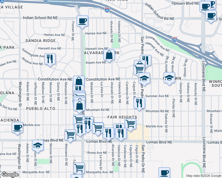 map of restaurants, bars, coffee shops, grocery stores, and more near 5513 El Encanto Place Northeast in Albuquerque