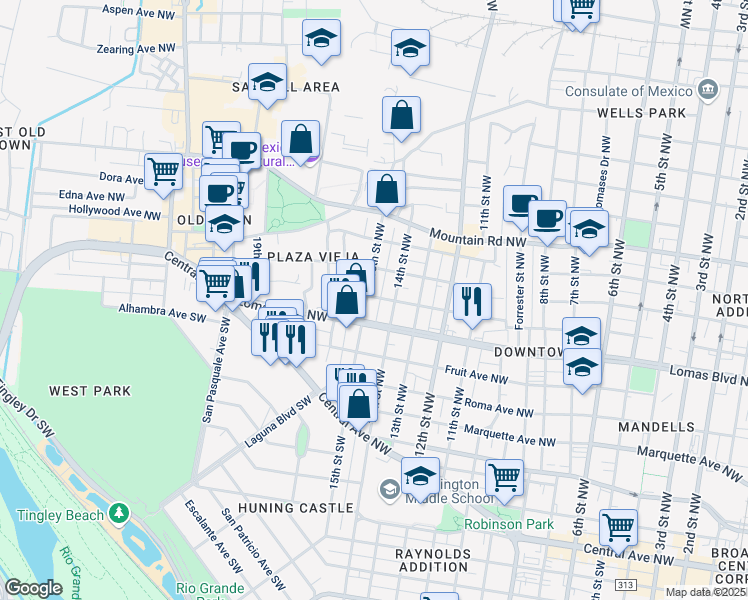 map of restaurants, bars, coffee shops, grocery stores, and more near 605 14th Street Northwest in Albuquerque