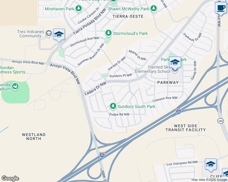 map of restaurants, bars, coffee shops, grocery stores, and more near 9308 Tephra Place Northwest in Albuquerque