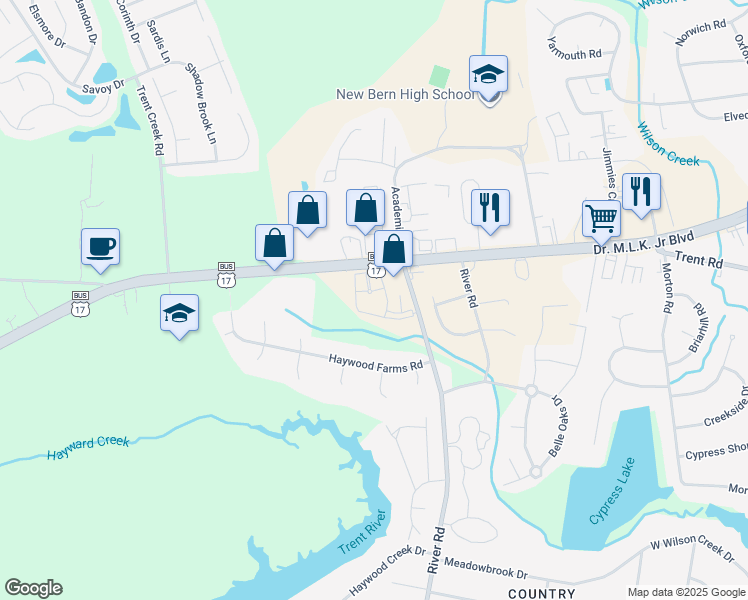 map of restaurants, bars, coffee shops, grocery stores, and more near 4109 Dr Martin Luther King Jr Blvd in New Bern