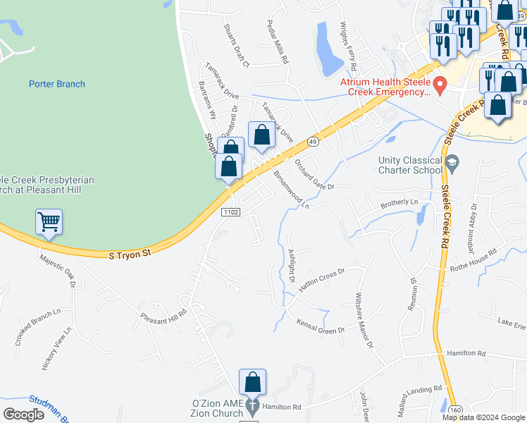 map of restaurants, bars, coffee shops, grocery stores, and more near 14217 Youngblood Road in Charlotte