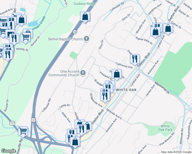 map of restaurants, bars, coffee shops, grocery stores, and more near 305 West Ridgewood Avenue in Chattanooga