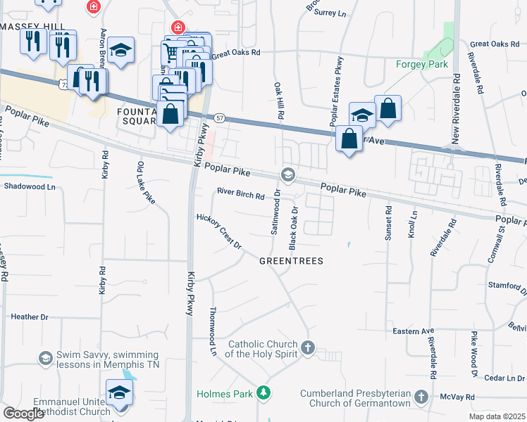 map of restaurants, bars, coffee shops, grocery stores, and more near 6797 River Birch Road in Memphis
