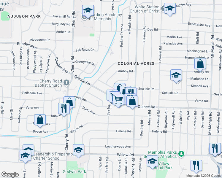 map of restaurants, bars, coffee shops, grocery stores, and more near 4566 Monaco Road in Memphis