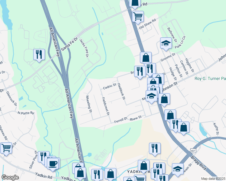 map of restaurants, bars, coffee shops, grocery stores, and more near 415 Cedric Street in Fayetteville