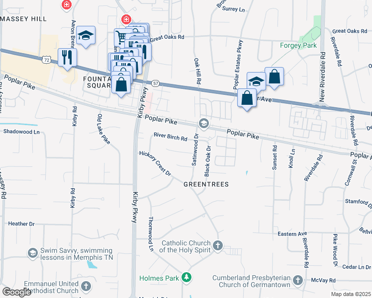 map of restaurants, bars, coffee shops, grocery stores, and more near 6797 River Birch Road in Memphis