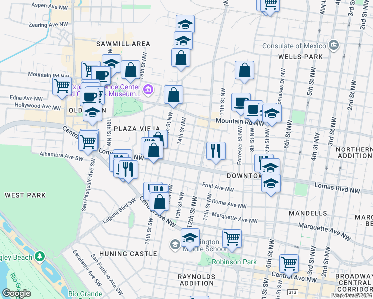 map of restaurants, bars, coffee shops, grocery stores, and more near 701 13th Street Northwest in Albuquerque