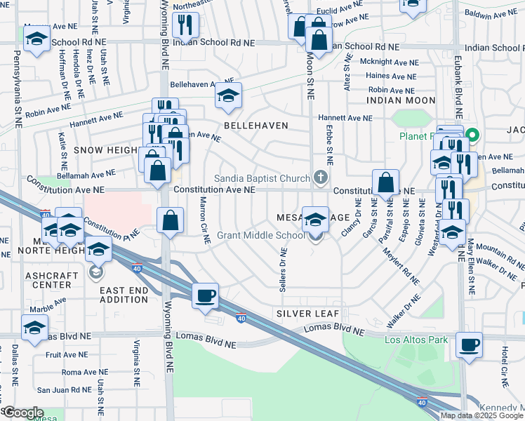 map of restaurants, bars, coffee shops, grocery stores, and more near 1308 Field Drive Northeast in Albuquerque