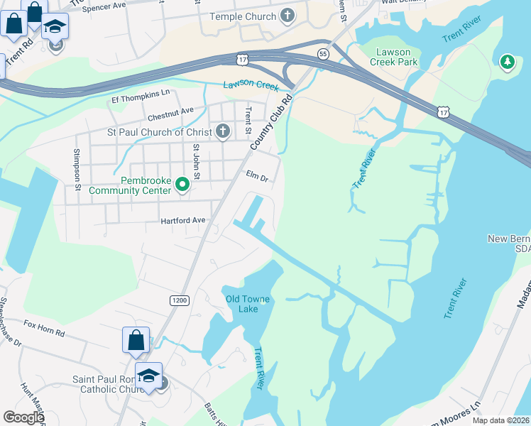 map of restaurants, bars, coffee shops, grocery stores, and more near 2110 Hidden Harbor Drive in New Bern