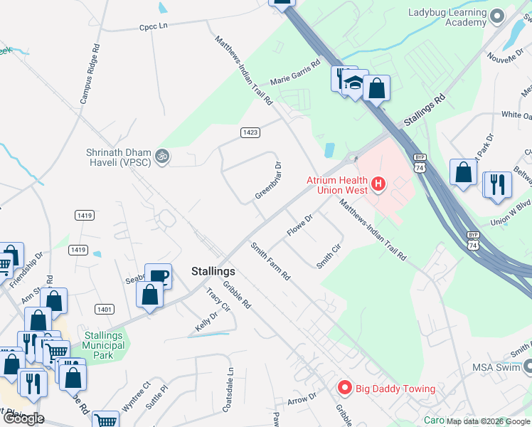 map of restaurants, bars, coffee shops, grocery stores, and more near 101 Spruce Street in Matthews