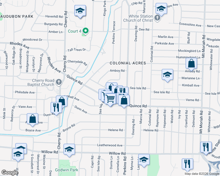 map of restaurants, bars, coffee shops, grocery stores, and more near 4566 Monaco Road in Memphis