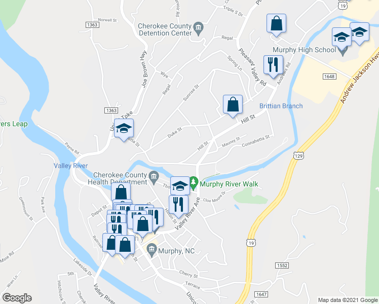 map of restaurants, bars, coffee shops, grocery stores, and more near 73 Hill Street in Murphy