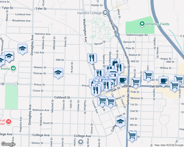 map of restaurants, bars, coffee shops, grocery stores, and more near 1155 Parkway Street in Conway