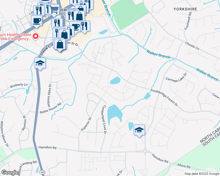 map of restaurants, bars, coffee shops, grocery stores, and more near 14803 Superior Street in Charlotte