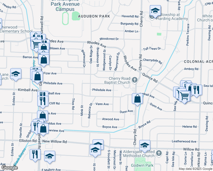 map of restaurants, bars, coffee shops, grocery stores, and more near 4231 Fredericks Avenue in Memphis