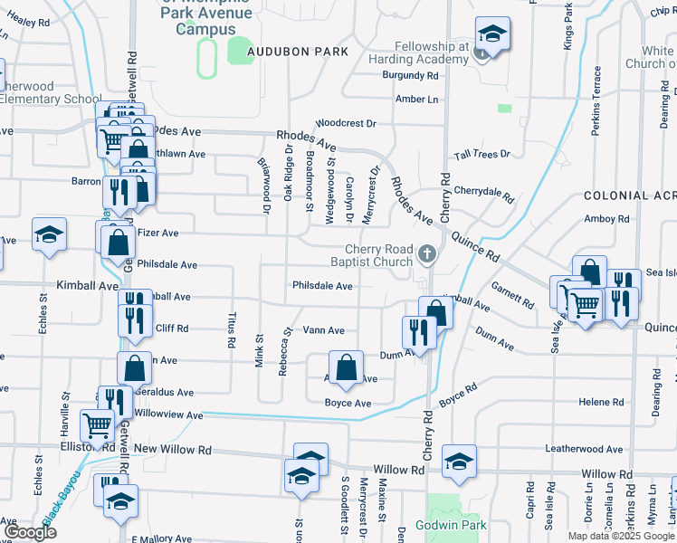 map of restaurants, bars, coffee shops, grocery stores, and more near 4231 Fredericks Avenue in Memphis