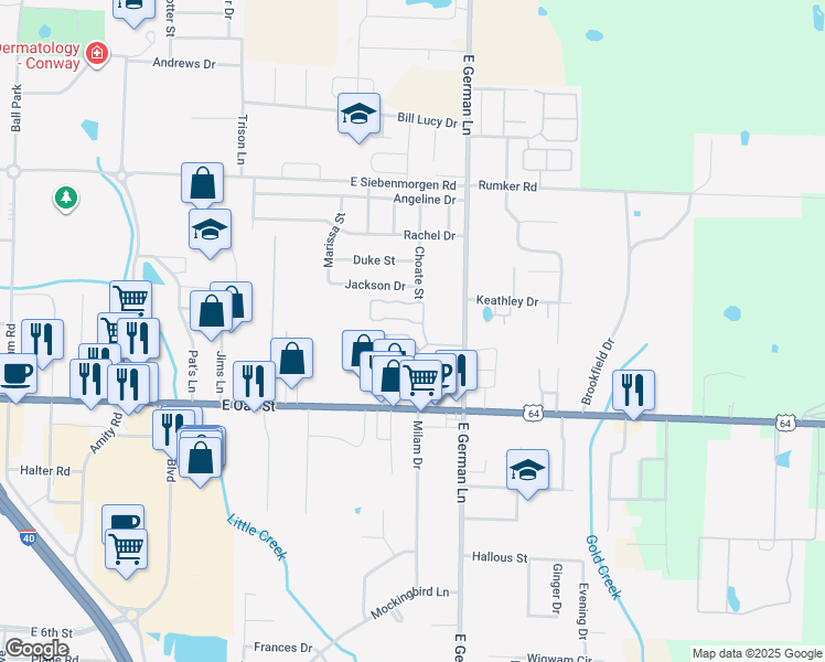map of restaurants, bars, coffee shops, grocery stores, and more near 1730 Beautyberry Drive in Conway