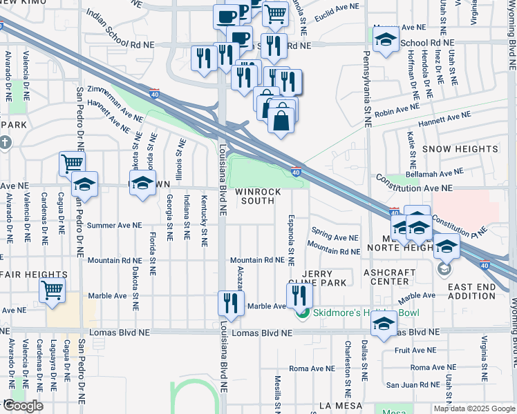 map of restaurants, bars, coffee shops, grocery stores, and more near 1505 Mesilla Street Northeast in Albuquerque