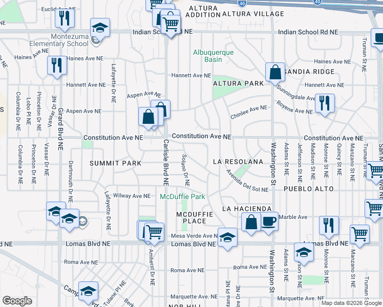 map of restaurants, bars, coffee shops, grocery stores, and more near 3708 La Hacienda Place Northeast in Albuquerque